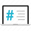 hashtag, laptop, online, sign, website