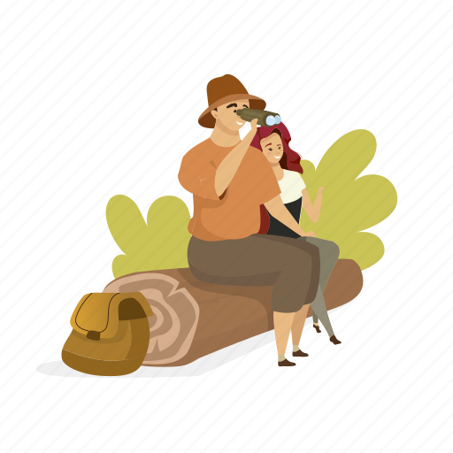 Couple, sit, binoculars, tourist, tree log illustration - Download on Iconfinder