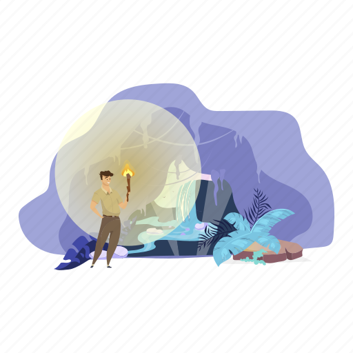 Man, cave, waterfall, hidden, torchlight illustration - Download on Iconfinder