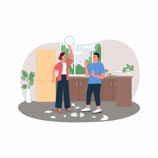 Couple, family, conflict, kitchen, break plate illustration - Download on Iconfinder