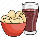 potato chips, cold drink, fries, crisps, chips, snack, beverage, glass