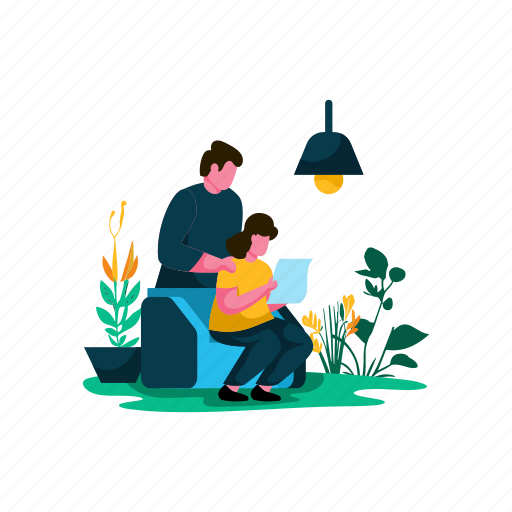 Father, child, reading, together, cozy, living, study illustration - Download on Iconfinder