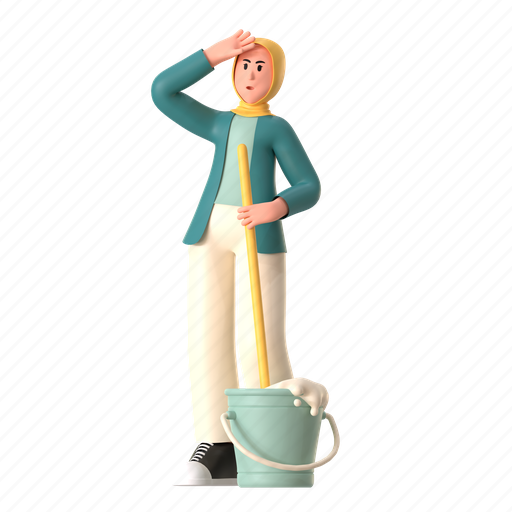 Cleaning tools, mop, mopping, clean, floor, female, muslim 3D illustration - Download on Iconfinder
