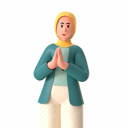 Namaste, hand, greeting, pray, forgiveness, female, muslim 3D illustration - Download on Iconfinder