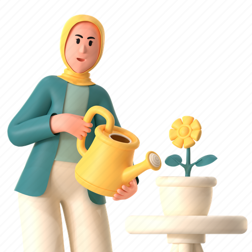Planting, flower, pot, watering, plant, female, muslim 3D illustration - Download on Iconfinder