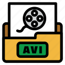 avi, filled outline, flat color, movie file, play, filetype, player