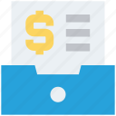 document, dollar sign, drawer, file, finance, paper