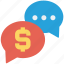 chat, chat bubble, conversation, dollar, sale offer, sign, talk 