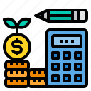budget, calculator, coins, money, pencil