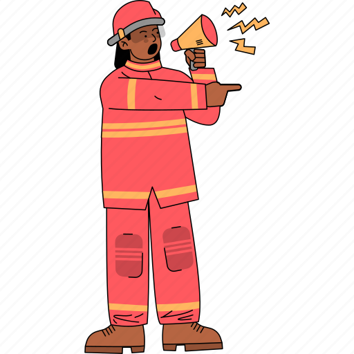 Firefighter, fireman, profession, emergency, megaphone, announcement, fire station illustration - Download on Iconfinder