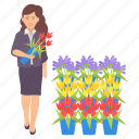 professional female, buying, flowers, flower pot, plant pot, plant vase, flower vase