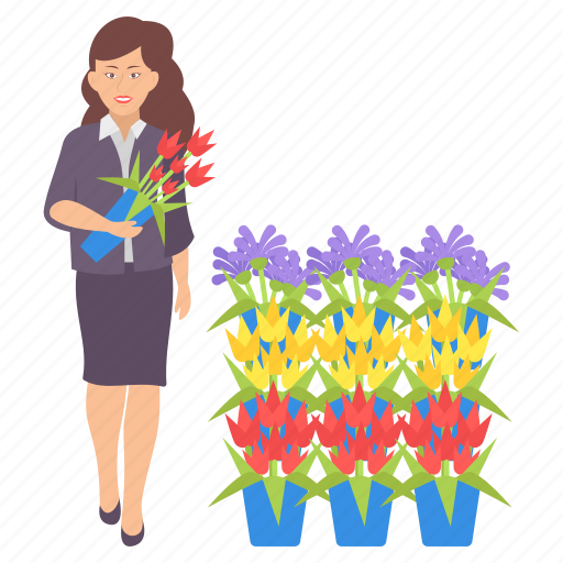 Professional female, buying, flowers, flower pot, plant pot, plant vase, flower vase icon - Download on Iconfinder