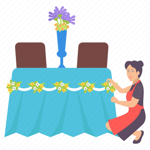 Female, florist, decorating, table, flowers, chairs icon - Download on Iconfinder