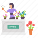 florist, flower plant, vase, counter, desk, gardener