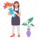 female, florist, holding, heavy vase, red flowers, plant vase