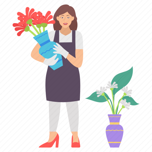 Female, florist, holding, heavy vase, red flowers, plant vase icon - Download on Iconfinder