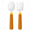 color, drink, flat, food, fork, spoon, spoon and fork