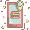 location, search, burger, food, mobile, navigation, phone