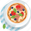 food, gastronomy, lunch, meal, pizza, plate, tablecloth 