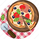 food, gastronomy, lunch, meal, pizza, plate, tablecloth