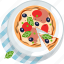 food, gastronomy, lunch, meal, pizza, plate, tablecloth 