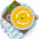 food, gastronomy, meal, plate, pumpkin, soup, tablecloth