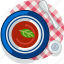 food, meal, restaurant, soup, tablecloth, tomato 