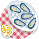 clam, cooking, food, meal, restaurant, seafood, tablecloth