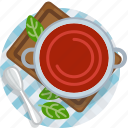 cooking, food, meal, restaurant, soup, tablecloth, tomato