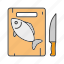 cooking, cutting board, fish, fresh, knife, salmon, seafood 
