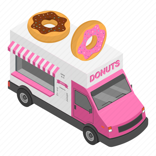 Cartoon, donut, donuts, food, isometric, truck, van icon - Download on Iconfinder