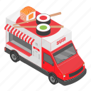 business, cartoon, delivery, food, isometric, sushi, truck