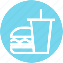 beverage, breakfast, burger, coke, drink, drink and burger, food