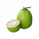 young coconut, coconut, green, nature, drink, natural, cool, summer, fruit, 3d
