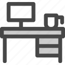 coffee, computer, cup, desk, screen, study, table