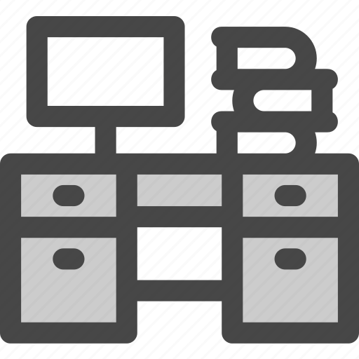 Books, computer, desk, furniture, screen, table, work icon - Download on Iconfinder