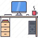 computer, decoration, desk, furniture, home, house, table