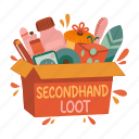 secondhand, loot, package, parcel, lettering, typography