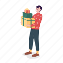happy man, carry gifts, holiday celebration, wintertime 