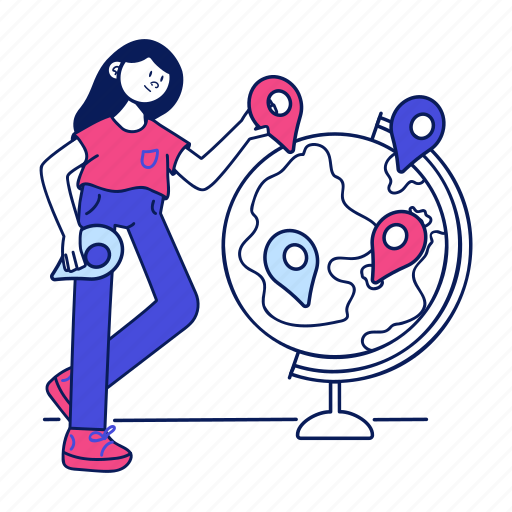 Girl, marks, globe, world, earth, pin, location illustration - Download on Iconfinder