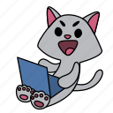 animal, cat, character, computer, happy, laptop, sitting