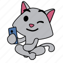cat, character, sitting, smart phone, smile, wink