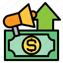megaphone, up, arrow, marketing, money, currency