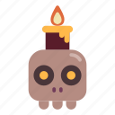 candle, decoration, glowing, halloween, skull, wax