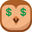 bird, dollar, emoji, emoticon, money, owl, smiley 