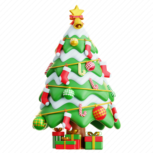 Chirstmas, pine, tree, with, gift, box, christmas 3D illustration - Download on Iconfinder