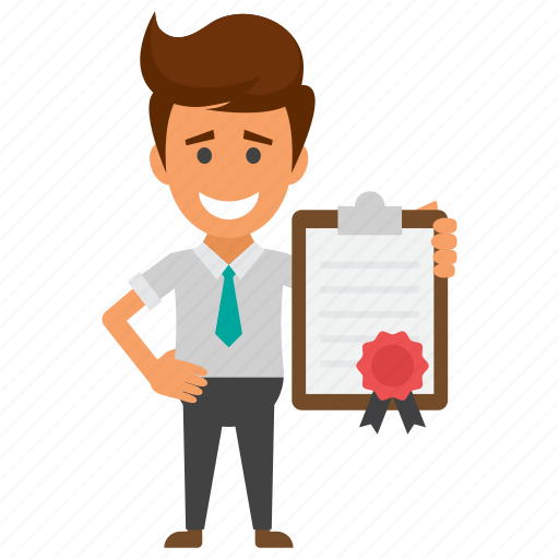 Businessman with certificate, certified businessman, character certificate, degree, experience certificate, work permit icon - Download on Iconfinder