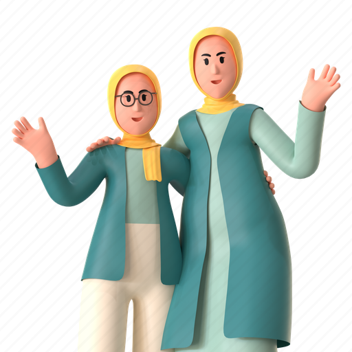Mother and daughter, hi, hello, greetings, family, happy ramadan, ramadan 3D illustration - Download on Iconfinder