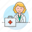 aid, doctor, female, first, health, kit, medical, personnel, physician, practitioner 