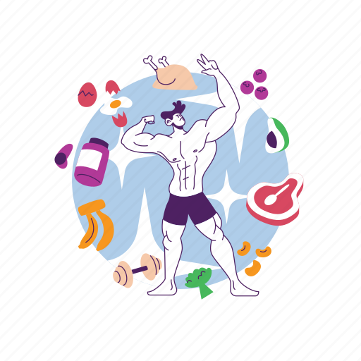 Healthy, health, man, character, muscle, food, healthy food illustration - Download on Iconfinder